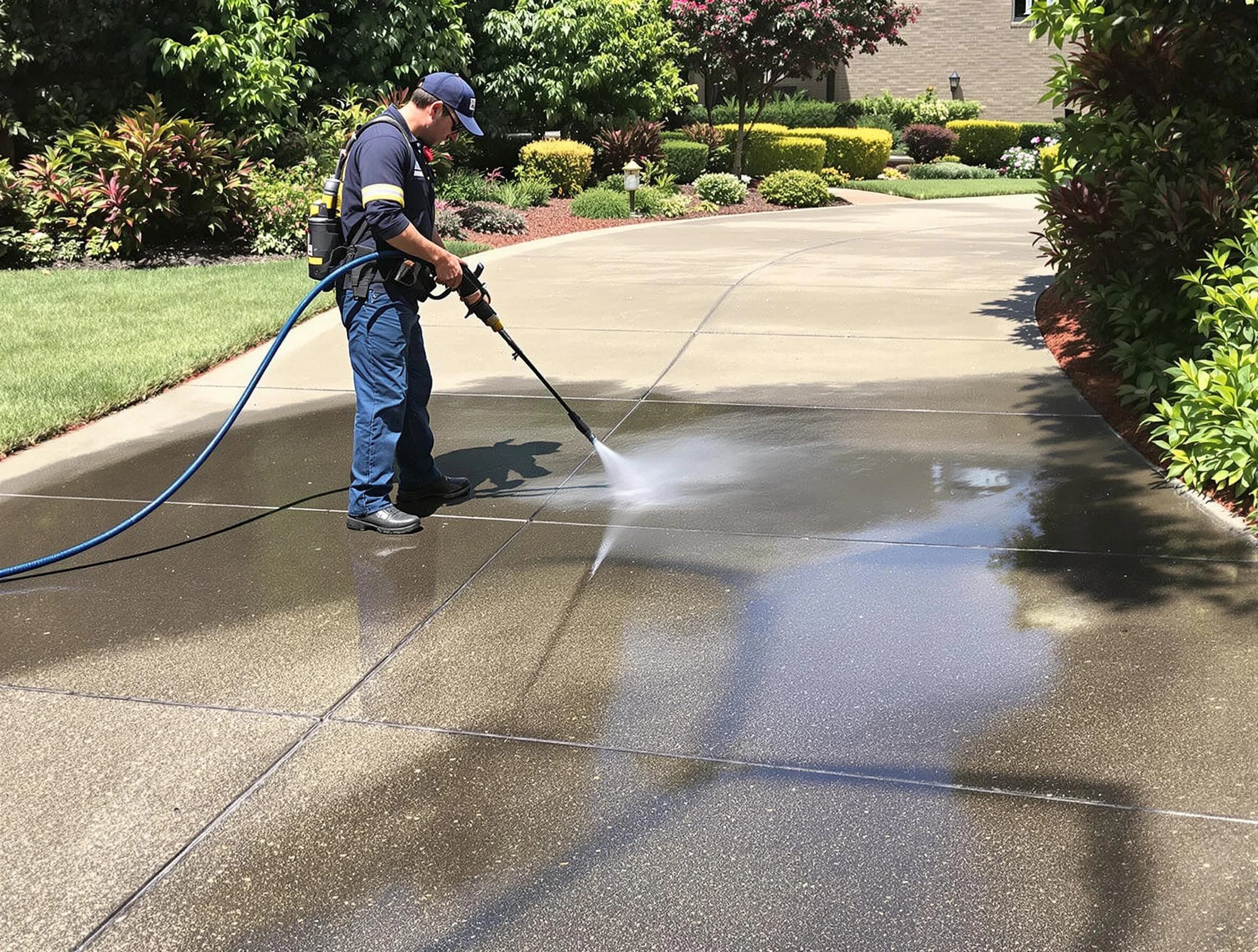 Experienced Medina Power Washing team member pressure washing a driveway in Medina